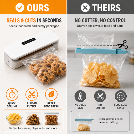 A promotional comparison graphic for a vacuum sealer. The left panel, labeled 'OURS', shows a white vacuum sealer sealing a bag of cookies in seconds, with icons for quick sealing, built-in cutter, and keeping food fresh.